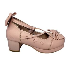 Kawaii Mary Jane Lolita Pink Ankle Strap Pumps Platform Mid Block Heel Heart Bow